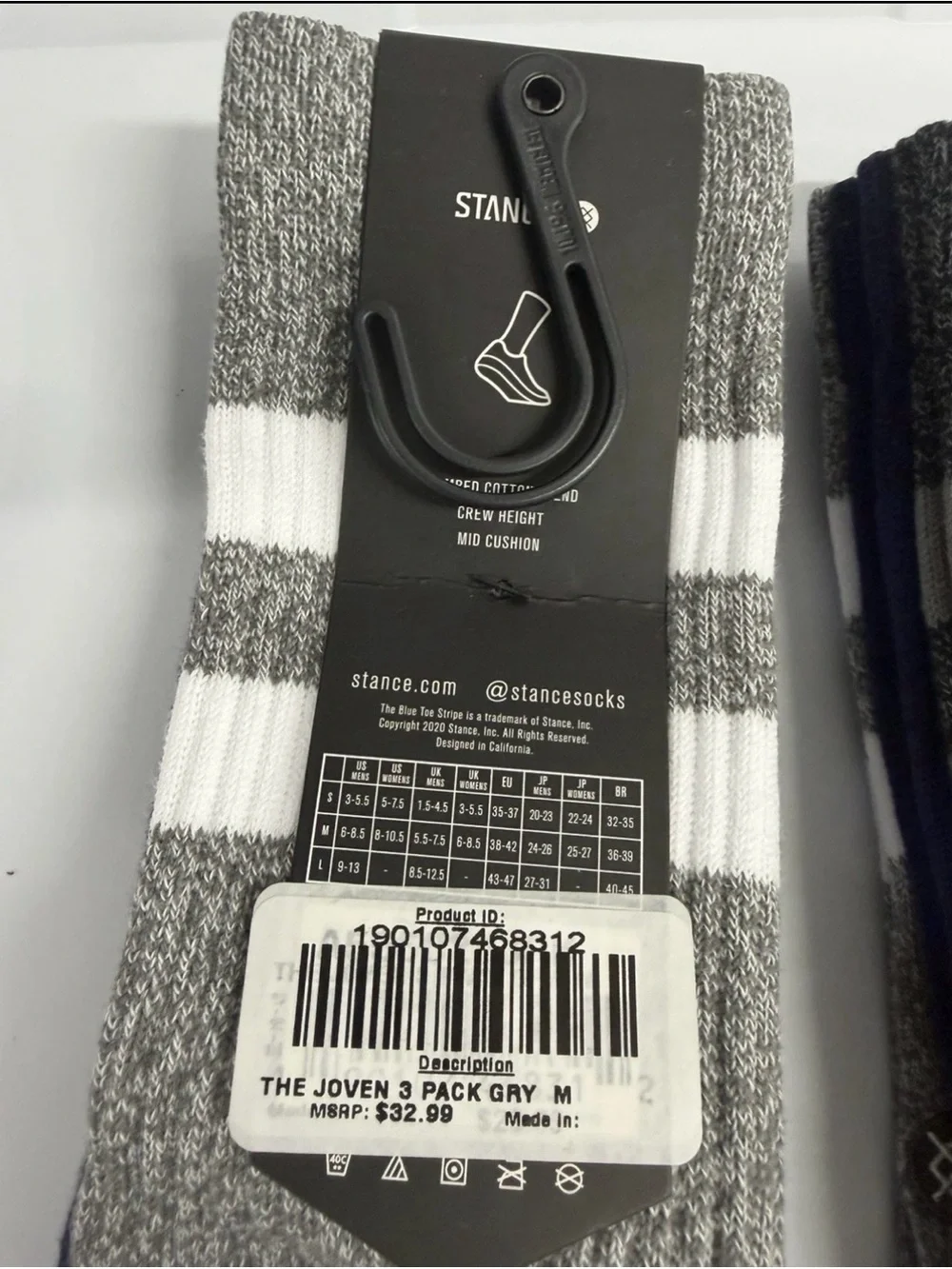 NWT Stance Men’s Casual Crew Socks - Gray, Navy & White (3-Pack)